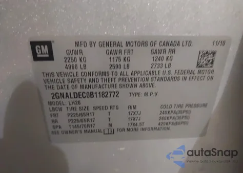 2011 Chevrolet Equinox 1Lt from USA, damaged, VIN 2GNALDEC0B1182772